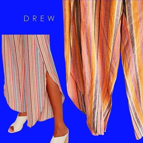 DREW by Anthropologie NEW Striped Split Leg Slim Waistband Wide-Leg Pant L - Picture 7 of 11